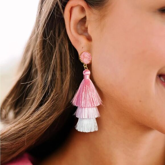 14K Yellow Gold with Pink White Ombre Silk Thread Tassel Quartz Druzy Earrings - Picture 6 of 9